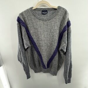 80s Bay Club Sweater Vintage Gray Purple Geometric Cable‎ Knit Size XL